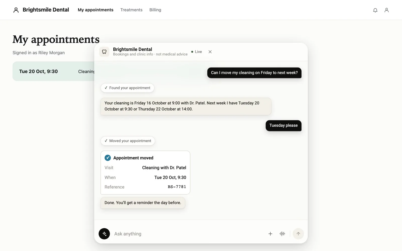 Brightsmile Dental adds its pages, a reschedule action and a welcome note in the admin, then a patient moves a cleaning after confirming the new time.