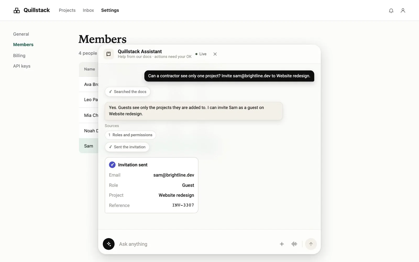 Quillstack adds its docs and an invite action in the admin, then a user gets a cited answer and confirms an invite in the app.