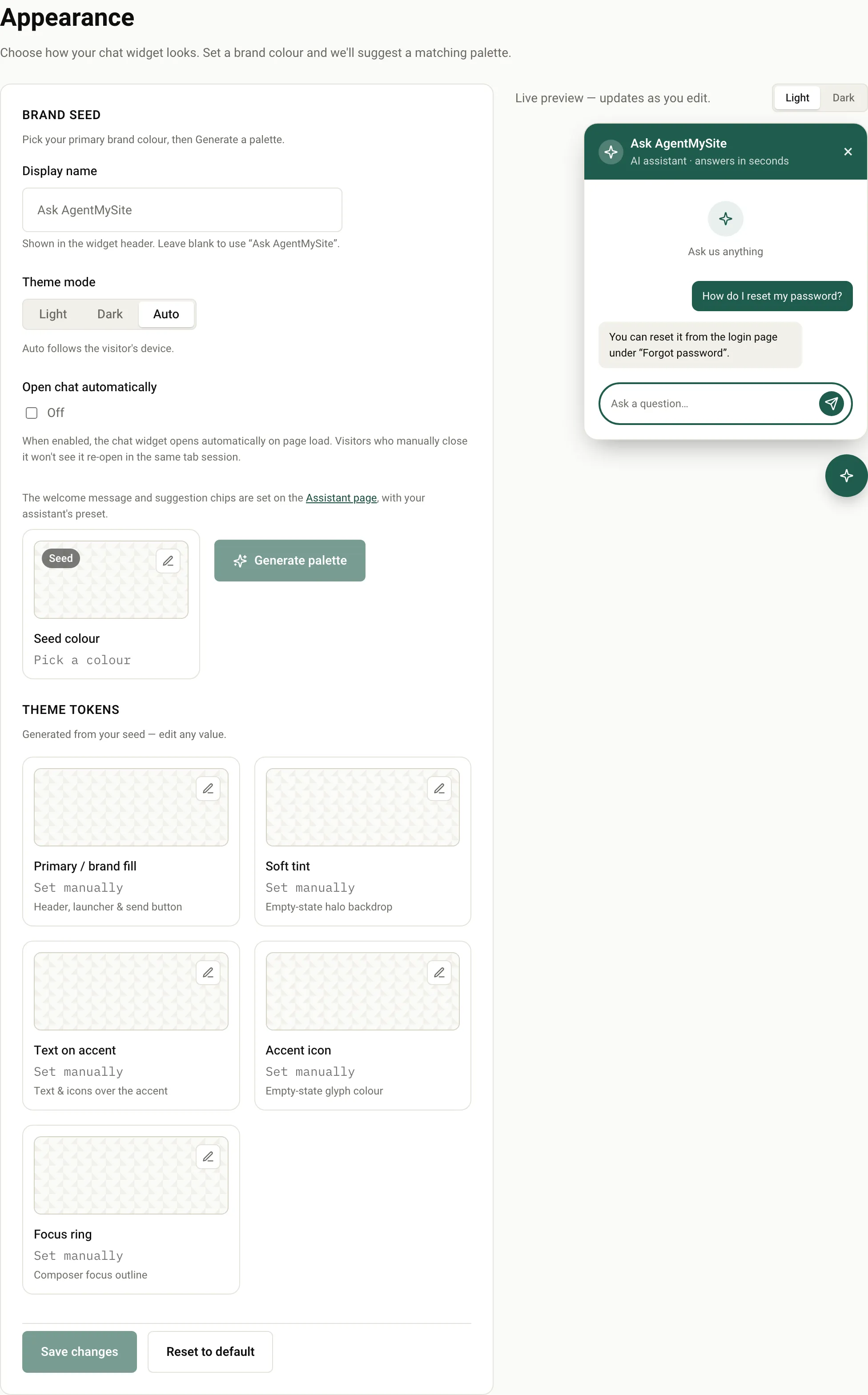 The Appearance page with brand settings on the left and a live widget preview on the right