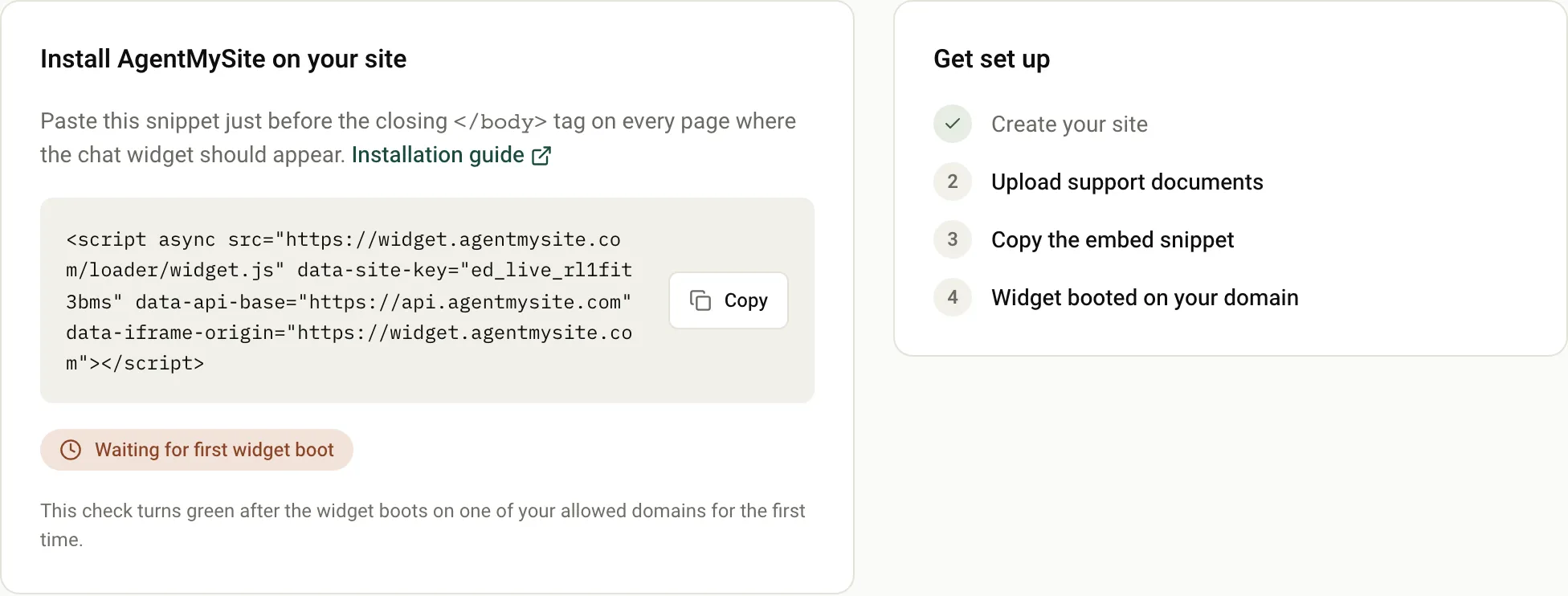 The dashboard install card with the embed snippet, a Copy button and the Waiting for first widget boot badge, next to the Get set up checklist