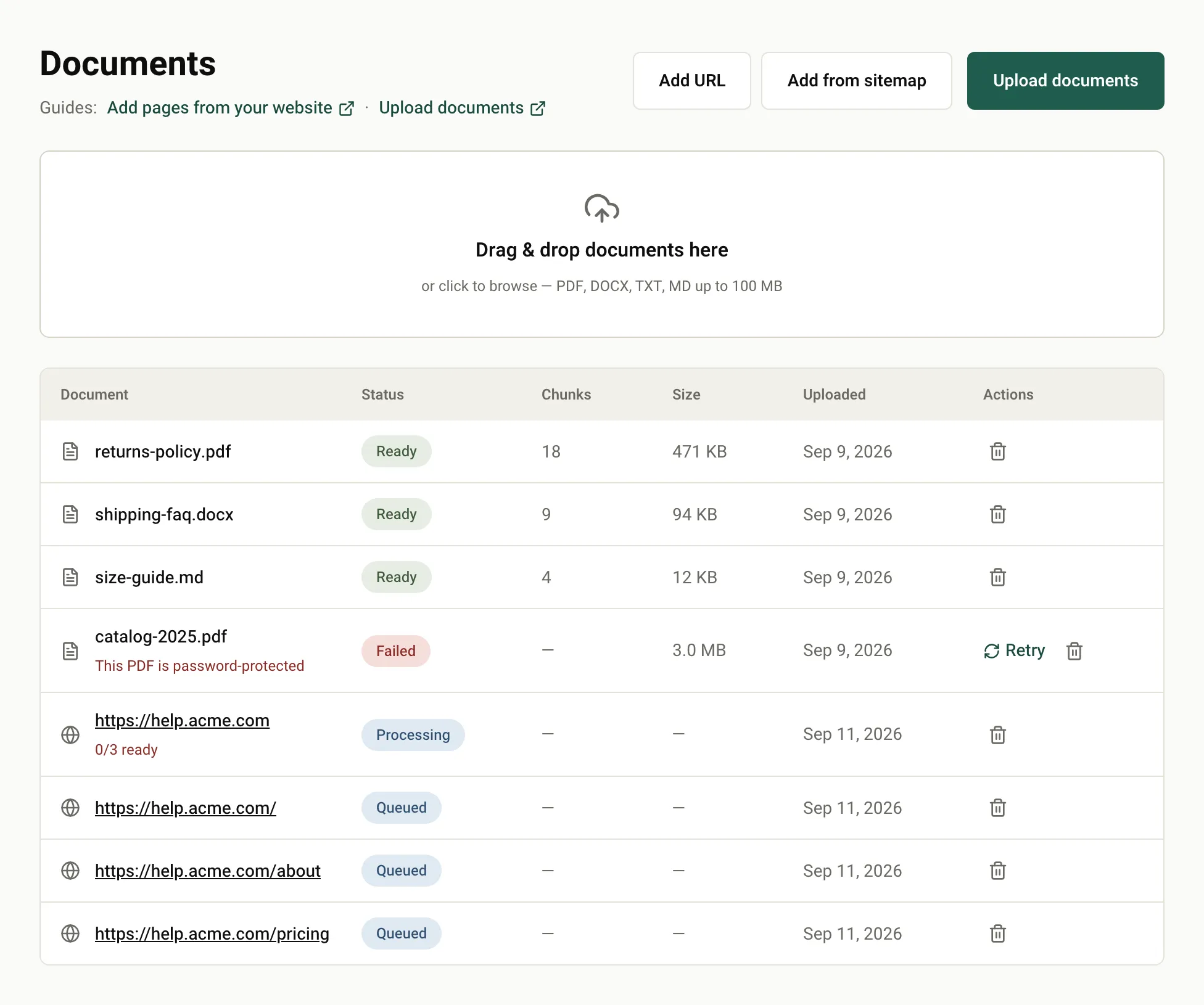The Documents list with uploaded files and web pages in Ready, Processing, Queued and Failed states
